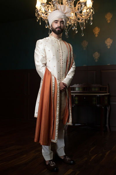 Beige resham embroidered sherwani set