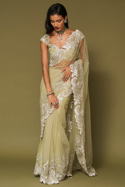 Devnaagri Pistachio zari embroidered sari set DEVNAPR26D143041