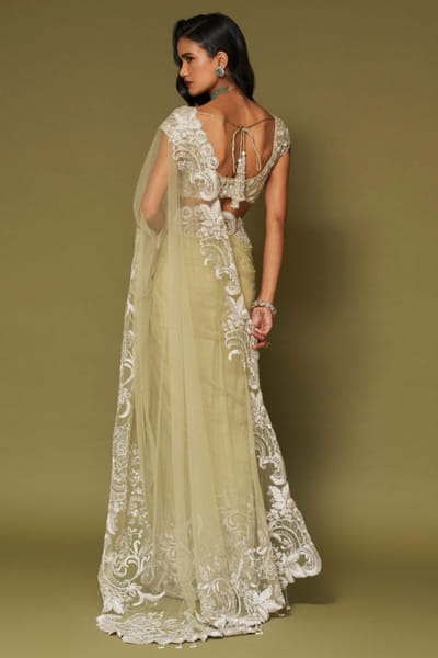 Devnaagri Pistachio zari embroidered sari set DEVNAPR26D143041