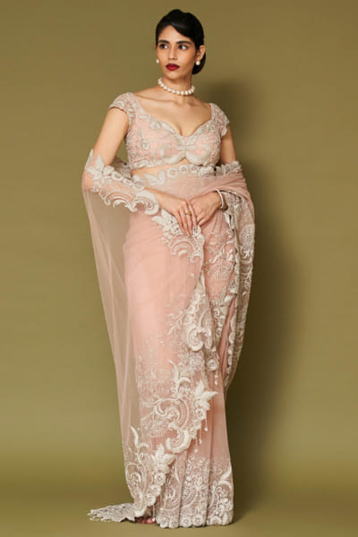 Devnaagri Blush pink zari embroidered sari set DEVNAPR26D143040