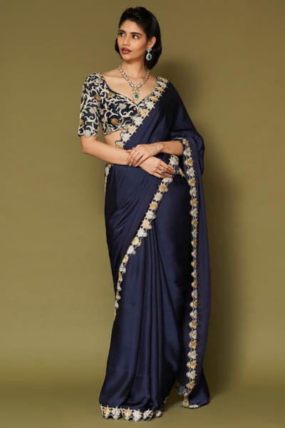 Devnaagri Midnight navy zari embroidered sari set DEVNAPR26D143043