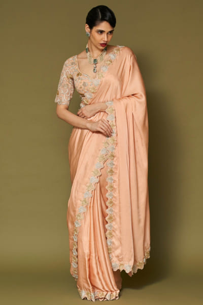 Devnaagri Apricot zari embroidered sari set DEVNAPR26D143042