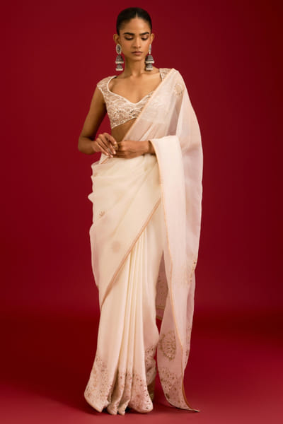 Ivory dori and sequin embroidered sari set