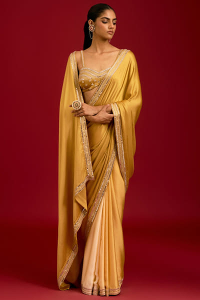 Devnaagri Mustard ombre dori sequin embroidered sari set DEVDEC25D234565