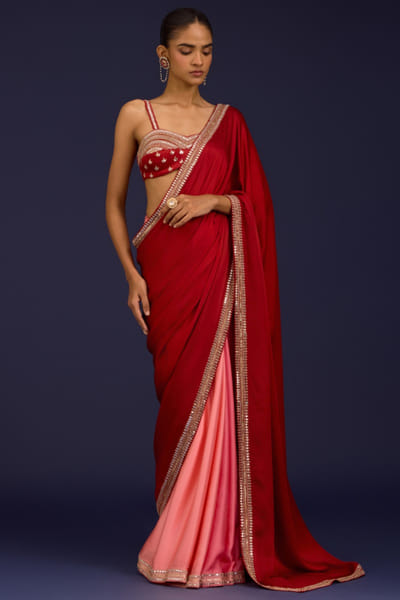 Devnaagri Red ombre zari hand embroidered sari set DEVDEC25D234566