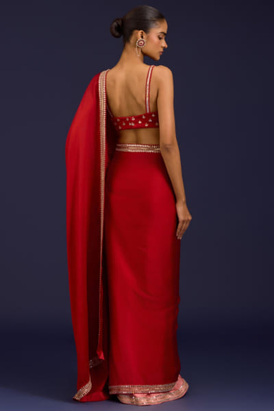 Devnaagri Red ombre zari hand embroidered sari set DEVDEC25D234566