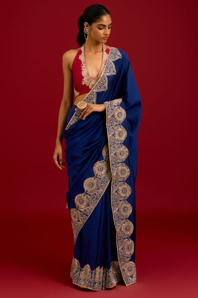Navy blue dori-sequin embroidered sari set