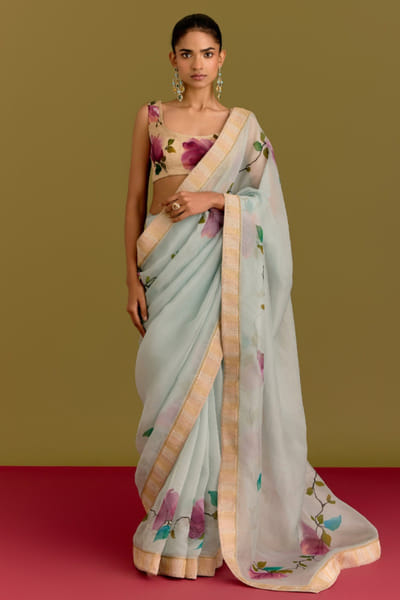 Devnaagri Blue and beige handpainted sari set DEVNJUN26D246673