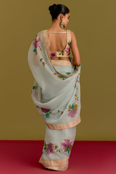 Devnaagri Blue and beige handpainted sari set DEVNJUN26D246673