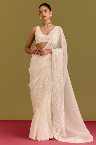Devnaagri Ivory dori embroidered sari set DEVNJUN26D246675