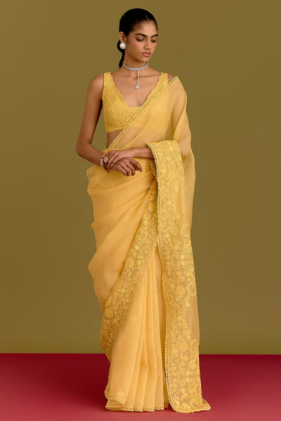 Devnaagri Yellow dori embroidered sari set DEVNJUN26D246674
