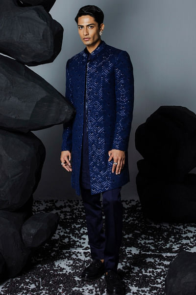 Sapphire blue embroidered open sherwani set