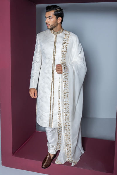 Off-white zardozi embroidered sherwani set