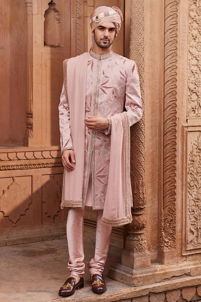 Nude pink applique embroidered sherwani set