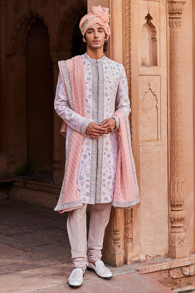 Ice grey floral hand embroidered sherwani set