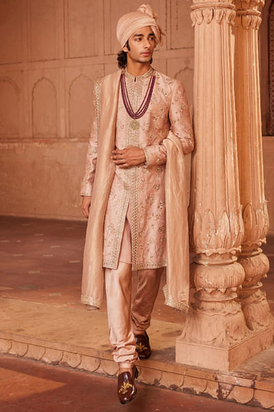 Rose brown floral hand embroidery sherwani set