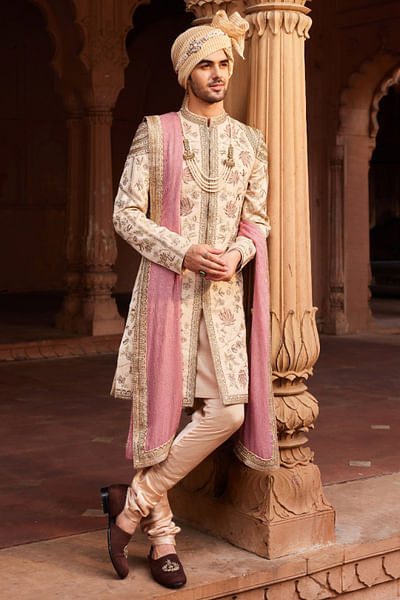 Beige floral hand embroidered sherwani set