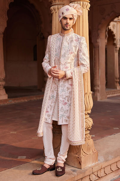 Nude pink fauna hand embroidered sherwani set