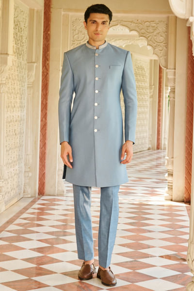 Denim blue jacquard silk sherwani set