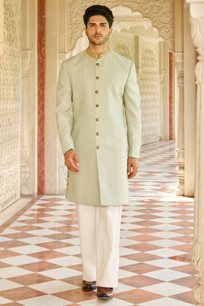 Pastel green jacquard silk sherwani set