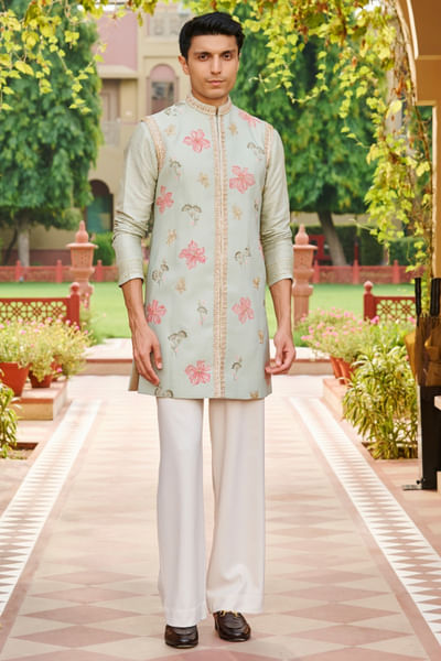 Pastel green hand paint-embroidered jacket set