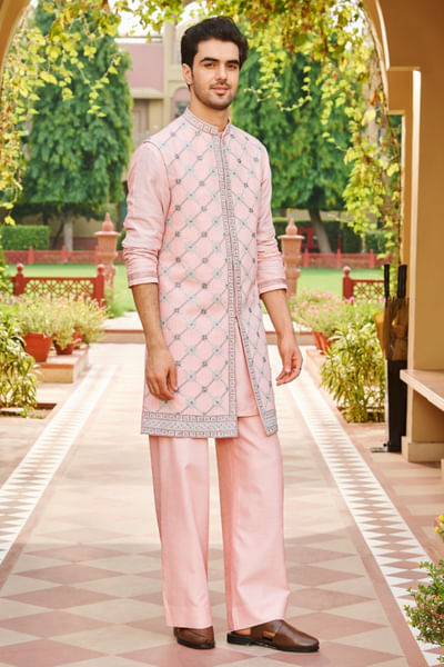 Pink hand embroidered sleeveless jacket set