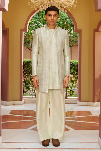 Sage green hand embroidered sherwani set