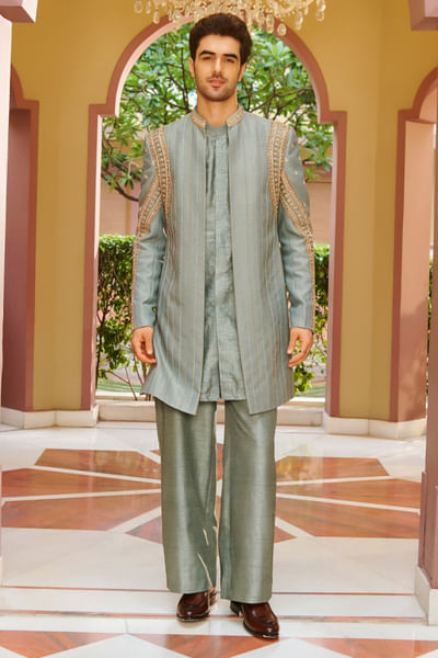 Muted sage green hand embroidered sherwani set