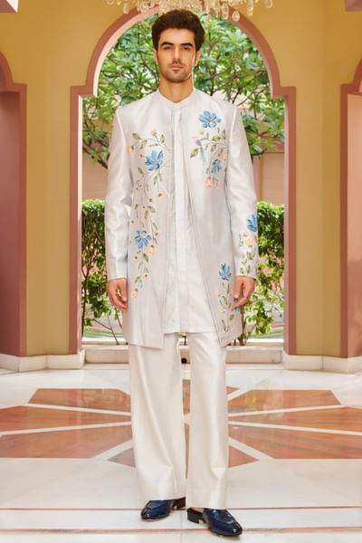 Silvery white painted-embroidered sherwani set