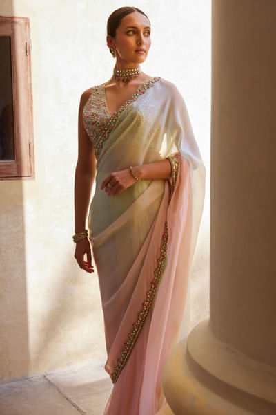 Green and pink mirror pre-draped embroidered
