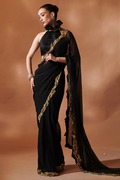 Black sequin embroidered sari set