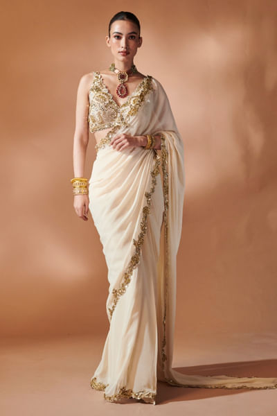 Ivory sequin embroidered sari set