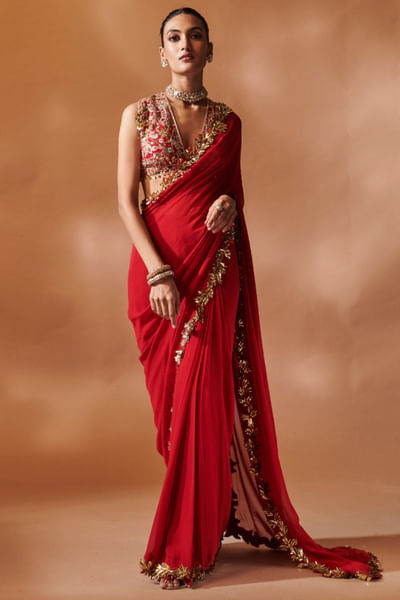 Red sequin embroidered sari set
