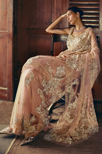 Peach fawn embroidered lace sari set
