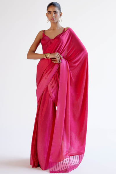 Devnaagri Fuchsia pink embellished pre-draped sari set DEVAPR25D123439