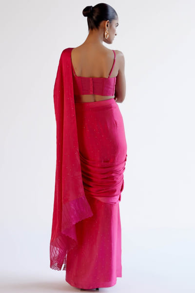Devnaagri Fuchsia pink embellished pre-draped sari set DEVAPR25D123439