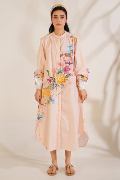 Moh India Nude peach floral printed shirt dress MOHIJUN26D148118