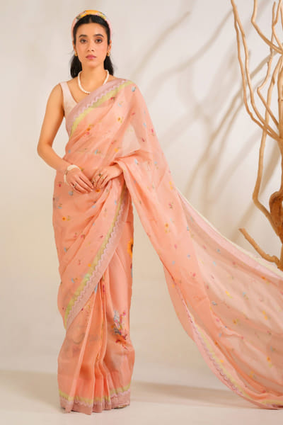 Moh India Nude pink floral printed organza sari set MOHIJUN26D148144