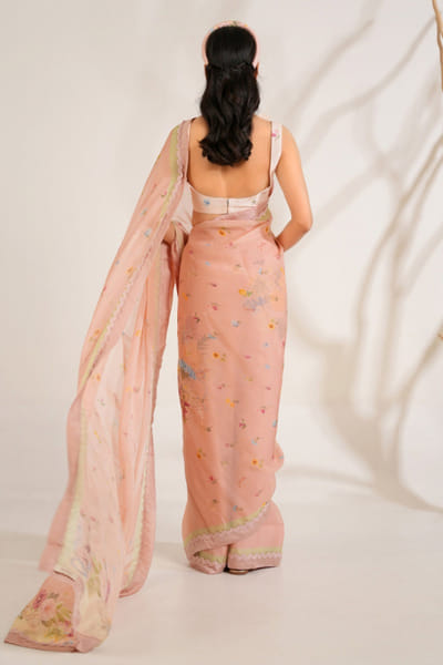 Moh India Nude pink floral printed organza sari set MOHIJUN26D148144