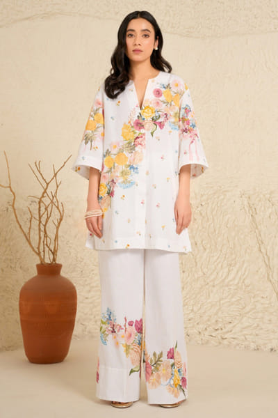 Moh India White floral print kurta set MOHIJUN26D148131