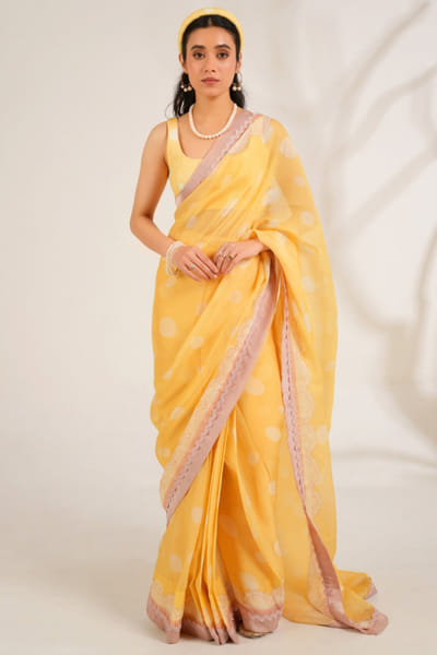 Moh India Yellow polka printed organza sari set MOHIJUN26D148145