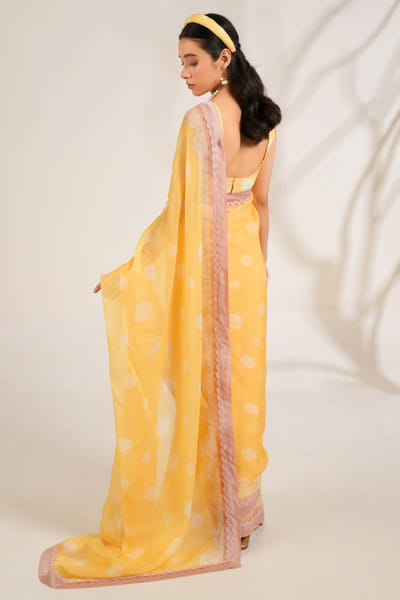 Moh India Yellow polka printed organza sari set MOHIJUN26D148145