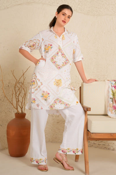 Moh India White floral print cotton linen kurta set MOHIJUN26D148133