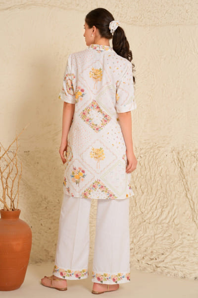 Moh India White floral print cotton linen kurta set MOHIJUN26D148133