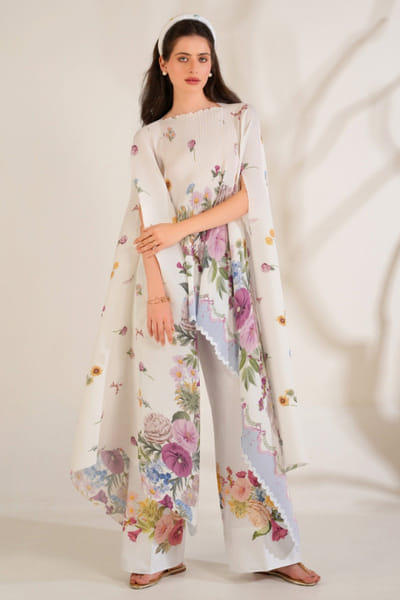 Moh India Ivory floral printed cape MOHIJUN26D148136