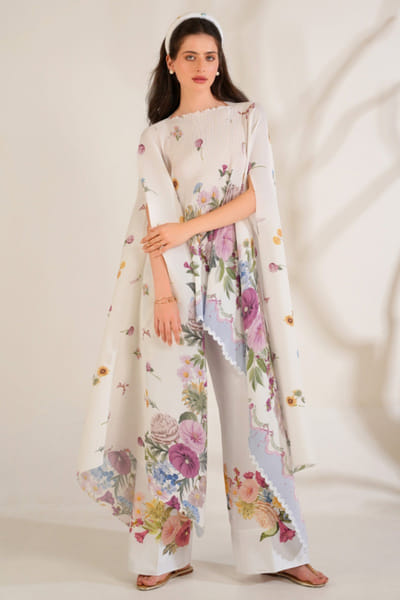 Moh India Ivory floral printed cape set MOHIJUN26D148141
