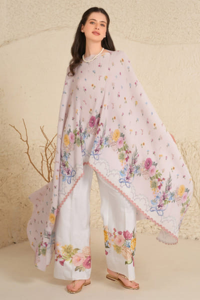 Moh India Nude pink floral printed cape set MOHIJUN26D148140