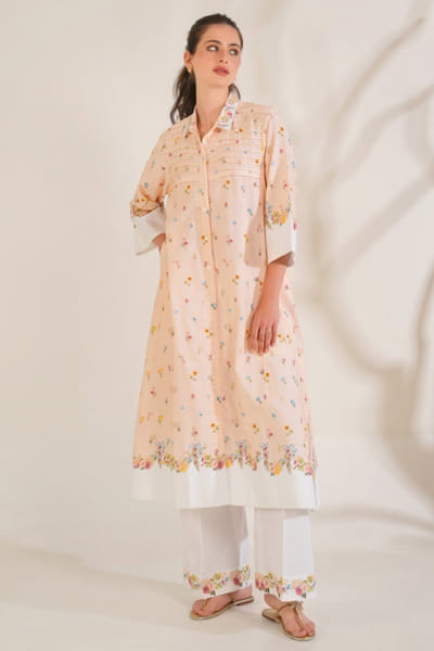 Moh India Nude peach floral print kurta set MOHIJUN26D148135