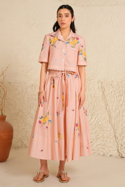 Moh India Nude pink floral printed skirt set MOHIJUN26D148123