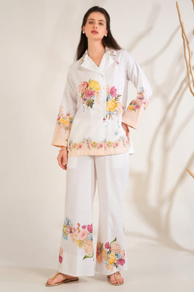 Moh India White floral printed shirt tunic set MOHIJUN26D148127